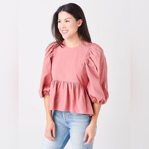 Hunter Bell NYC Harlow dusty pink peplum cotton poplin puff sleeve top XS